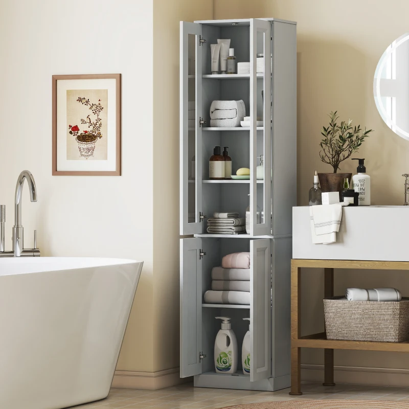 HOMCOM Tall Bathroom Storage Cabinet, 6-Tier Slim Bathroom Cabinet with Adjustable Shelf, 4 Soft-Close Doors, Dusty Blue