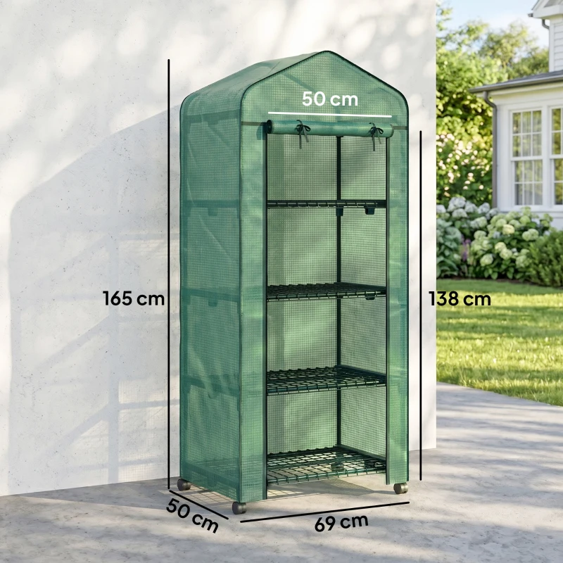 Outsunny 4 Tier Mini Portable Greenhouse Compact Plant Grow Shed Metal Frame PE Cover with Lockable Rolling Wheels , Green