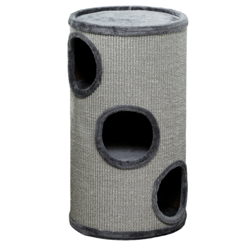 PawHut Tonneau à gratter pour chat, tour à griffer en sisal à 3 niveaux recouvert de peluche, Ø 38 x 70 cm, gris clair