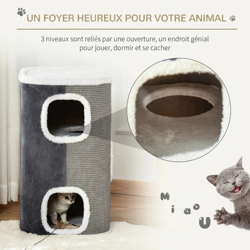 PawHut Tonneau à Gratter pour Chat 3 Niveaux en Peluche et Sisal, 3 Zones, 2 Grands Trous Interconnectés, 40x40x74cm, Gris