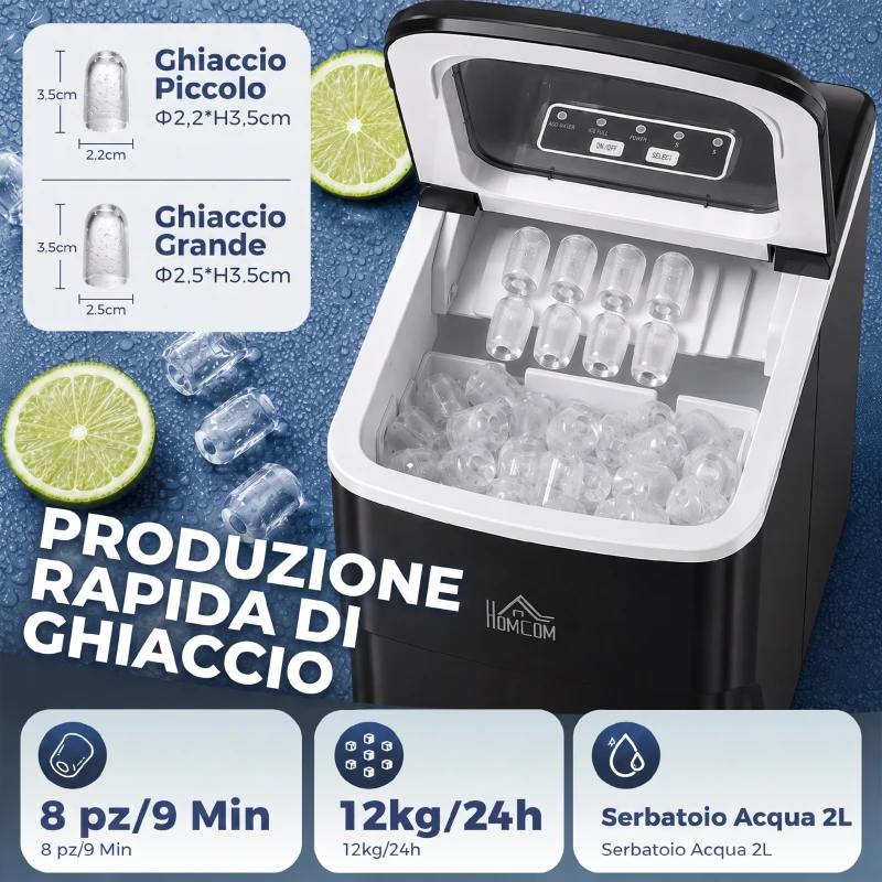 HOMCOM Macchina del Ghiaccio per Casa Autopulente Professionale 2L, 9 Cubetti in 8 Minuti, Fabbricatore Ghiaccio 90W Nero 21.2x29.5x32.6cm
