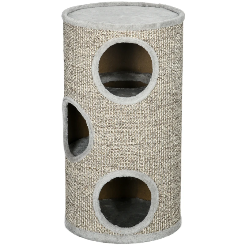 PawHut Tonneau à gratter pour chat, tour à griffer en sisal à 3 niveaux recouvert de peluche, Ø 38 x 70 cm, gris