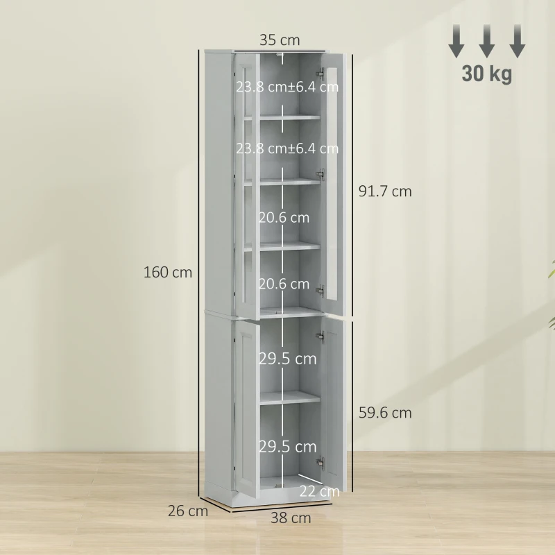 HOMCOM Tall Bathroom Storage Cabinet, 6-Tier Slim Bathroom Cabinet with Adjustable Shelf, 4 Soft-Close Doors, Dusty Blue