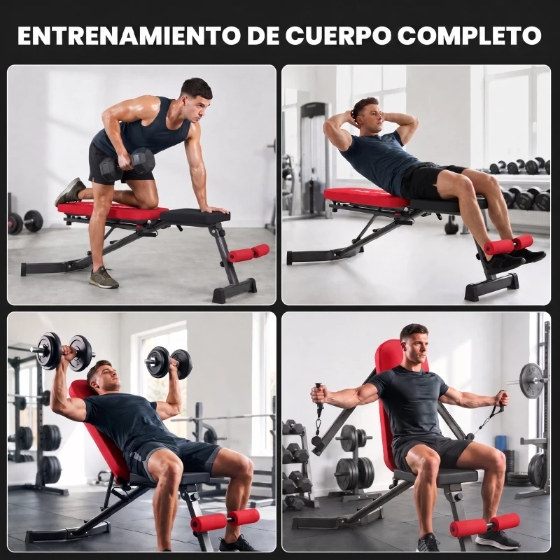 SPORTNOW Banco de Pesas Plegable con Bandas de Resistencia Respaldo Ajustable Plano/Inclinación/Declive Extensión de Piernas