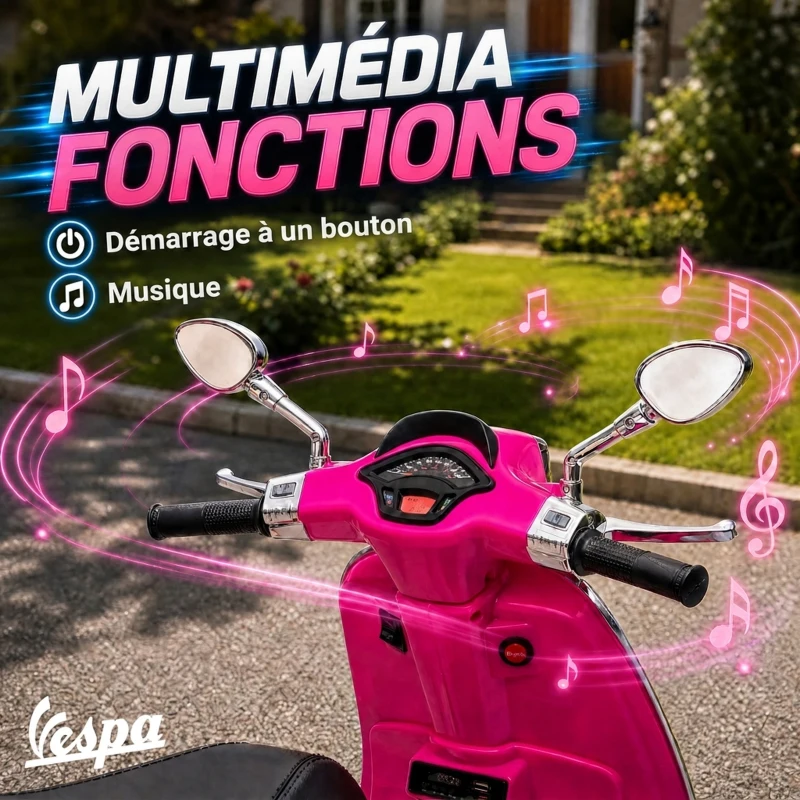 AIYAPLAY Scooter électrique enfant Vespa 6 V dim. 107L x 47l x 73H cm Musique MP3 Port USB Phare 2 roues d'entraînement - Rose