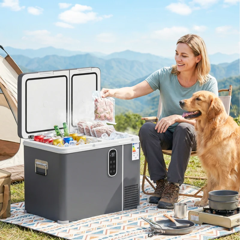 Outsunny 45L Compressor Car Fridge Freezer, Dual Zone Camping Refrigerator with App Control, Grey
