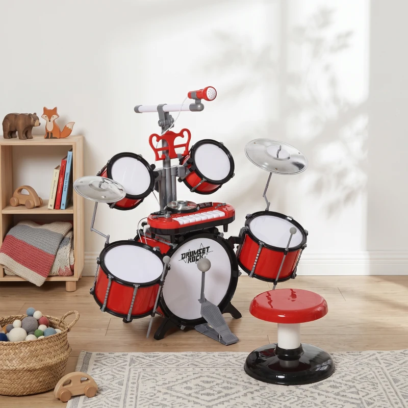 HOMCOM Kit de Batterie pour Enfants avec Tabouret, Clavier Électronique, Microphone, Connecté via USB, 77,5x40x76,5cm, Rouge(m-8)