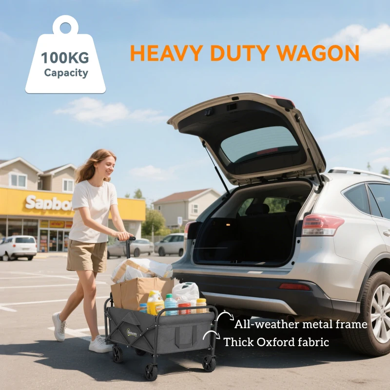 Outsunny 93L Festival Trolley on Wheels, Garden Folding Trolley Cart, 100kg Heavy Duty Collapsible Folding Wagon with Adjustable Handle and Carrying Bag for Beach, Camping, Festival, Grey