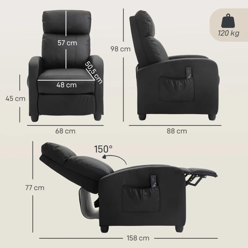 HOMCOM Sillón de Masaje Reclinable con Mando a Distancia Bolsillo Lateral y Temporizador Tapizado en PU 68x88x98 cm Negro