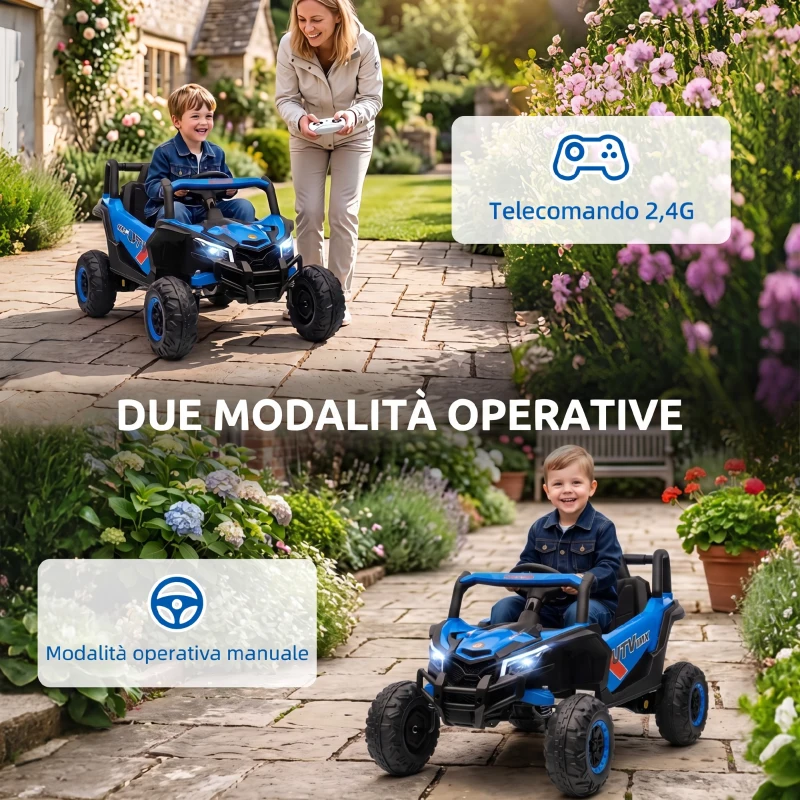 AIYAPLAY Macchina Elettrica per Bambini UTV 12V con Cintura, Telecomando, Sospensioni, USB, 3-7 km/h, 3-5 Anni, Blu
