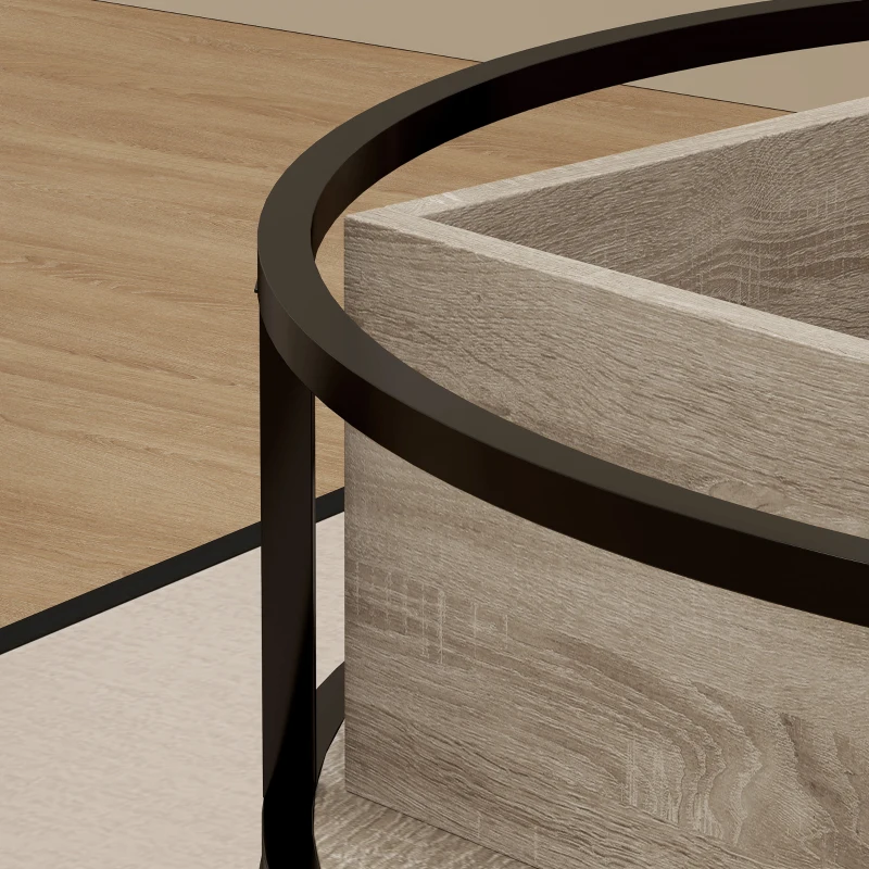 HOMCOM Ronde koffietafel met opklapbaar tafelblad, opbergruimte, zijplanken, stalen frame, salontafel, Eik