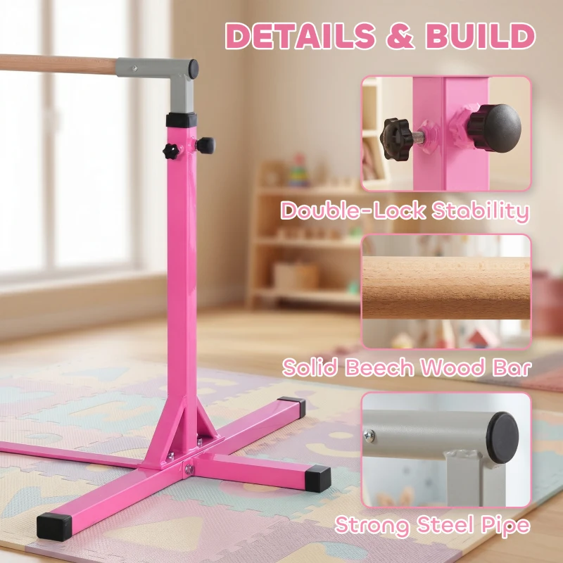 HOMCOM Height Adjustable Gymnastics Horizontal Bar for Kids, Children Junior Kip High Bar Fitness, Pink