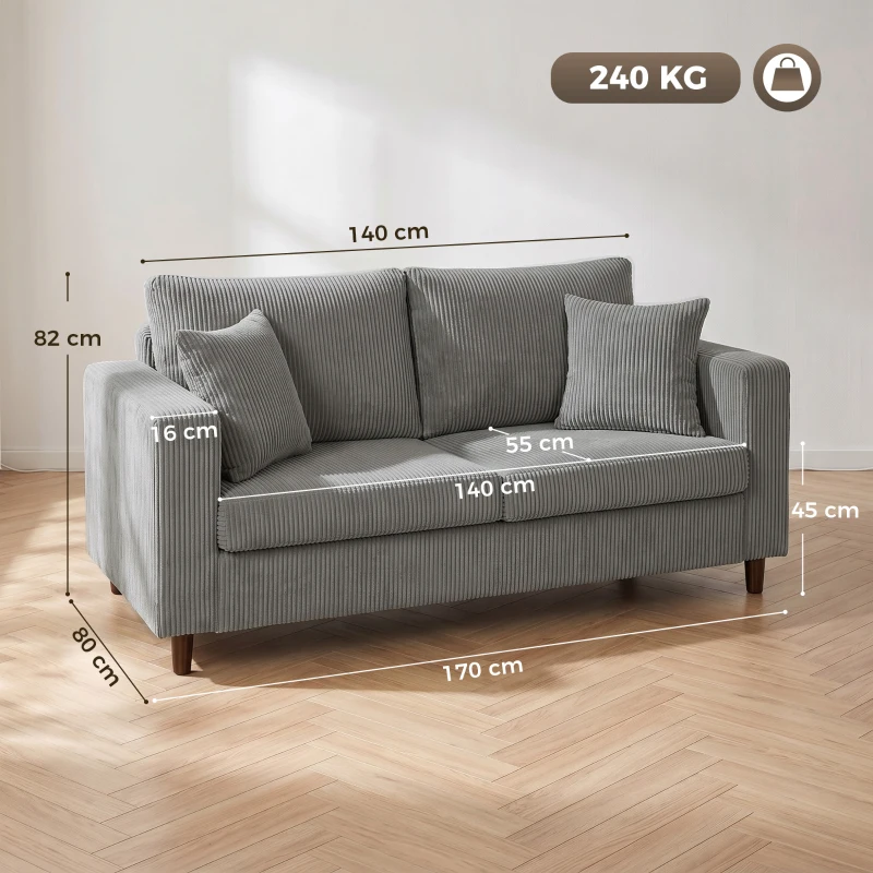 HOMCOM Loveseat Sofa with Wide Seat, Corduroy 2 Seater Couch with Deep Seat, Spring Cushion, Light Grey