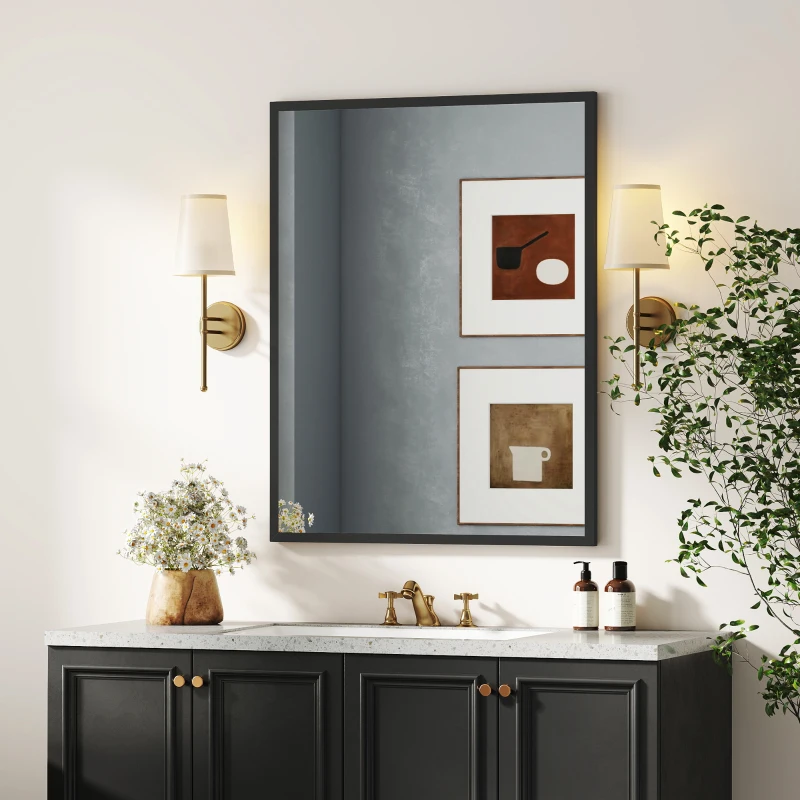 HOMCOM Oglindă de Perete din Sticlă și MDF, cu Cârlige, 70 x 90 cm, Negru