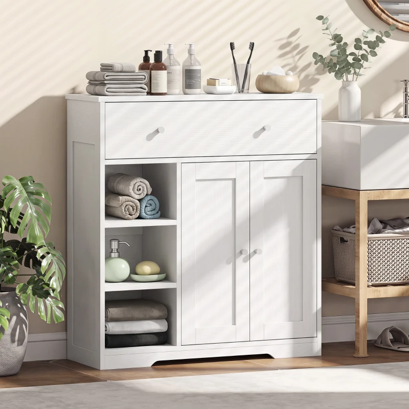 HOMCOM Bathroom Floor Cabinet, Freestanding Bathroom Cabinet with Drawer, Door, Open Shelves, White