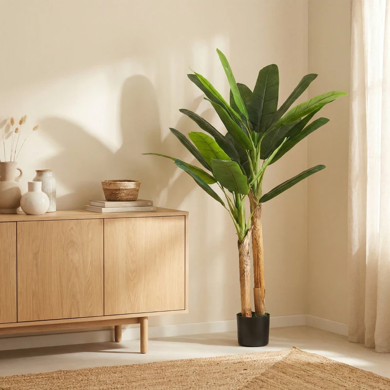 HOMCOM Árbol de Plátano Artificial 150 cm Planta Artificial Decorativa con Maceta y  2 Troncos para Hogar Oficina Salón Verde