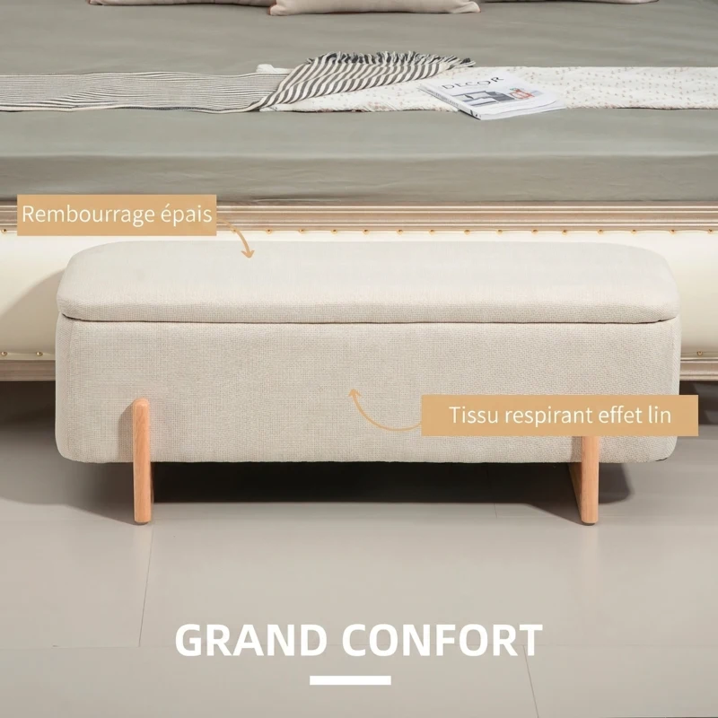 HOMCOM Banc de Rangement, Bout de Lit Rembourré, Charnières de Sécurité, Pieds Forme U en Bois d'Hévéa Stable, Crème(m-5)