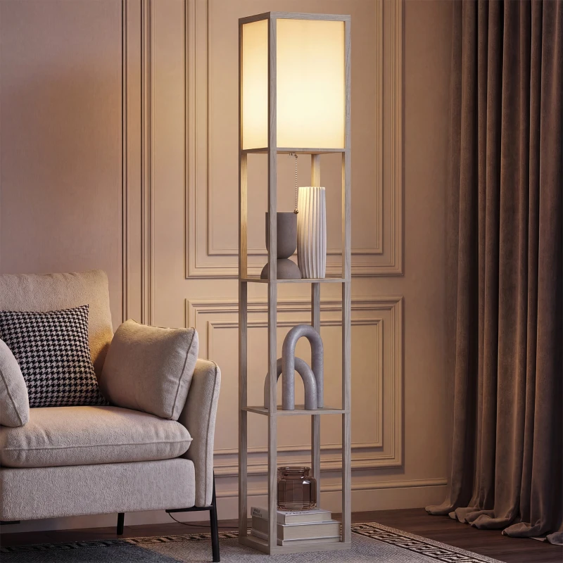 HOMCOM 3-Tier Floor Lamp with Shelves and Storage, Modern Corner Standing Lamp with Lampshade, Foot Switch for Living Room, Bedroom, Home Office, Bulb not Included, Oak