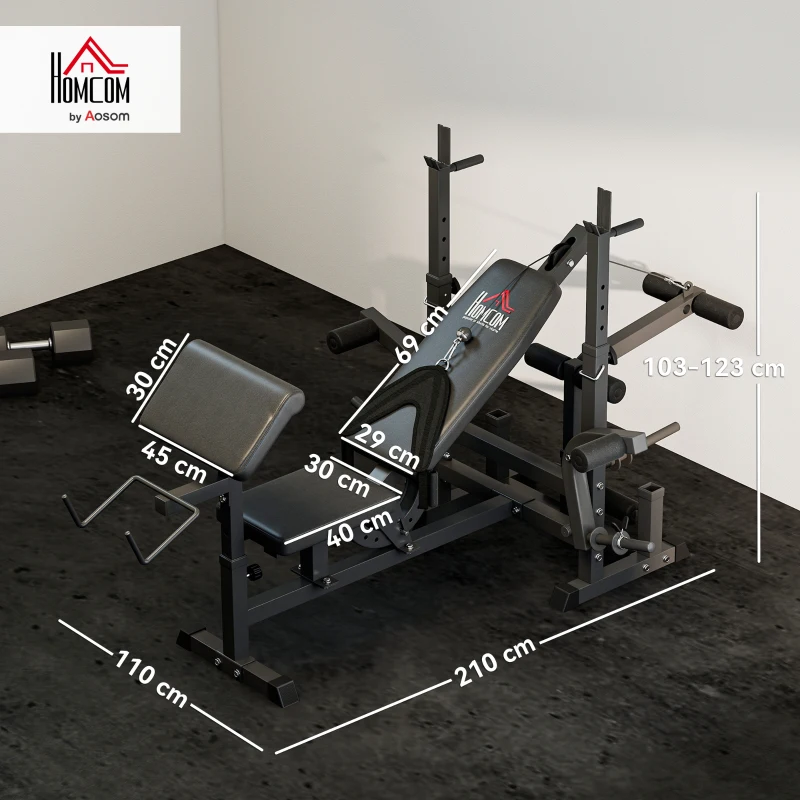 HOMCOM Bancă de Fitness Reglabilă cu Suport pentru Halteră, din Oțel și PU, 210x110x103-123 cm, Negru