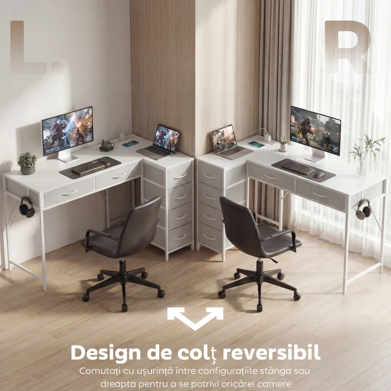 HOMCOM Birou Unghiular cu 6 Sertare cu Cârlig Lateral și Prize Integrate, din Lemn și Oțel, 126x48x80 cm, Alb