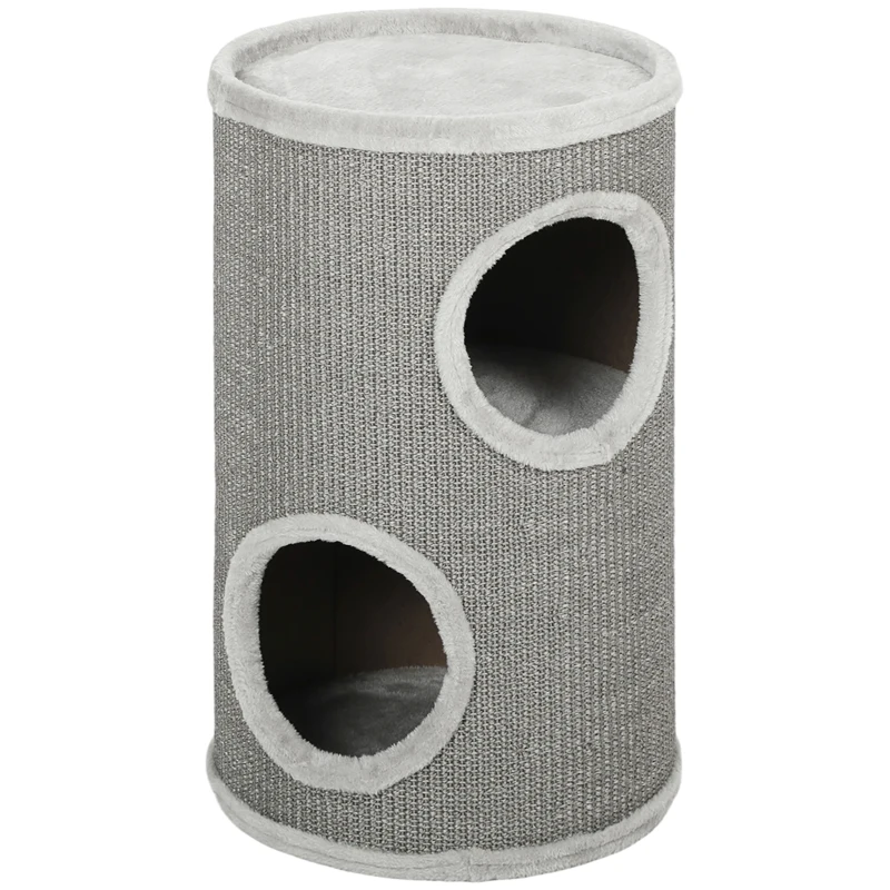 PawHut Tonneau à Gratter pour Chat, Tour à Griffer, Arbre à Chat à 2 Couches en Sisal Naturel, Ø35x60cm, Gris Clair
