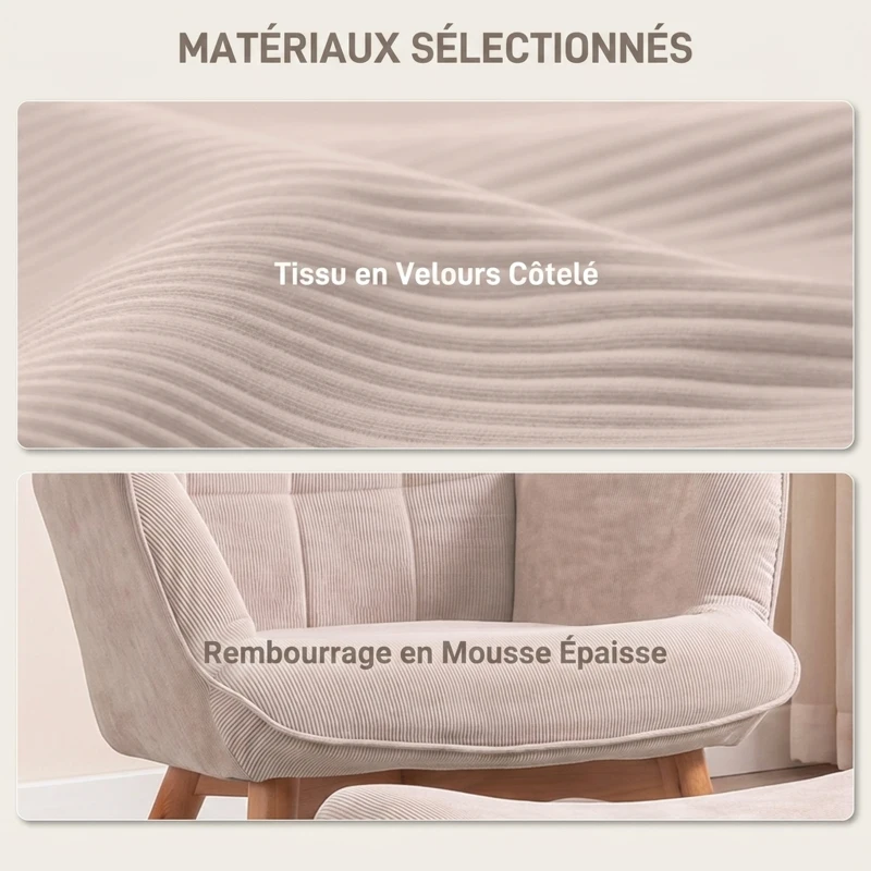 HOMCOM Fauteuil avec repose pied, dossier haut, pieds en bois et tissu aspect velours côtelé, pour salon chambre à coucher beige(m-4)