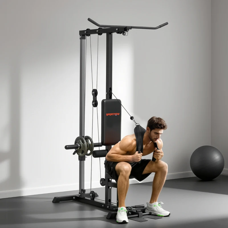 SPORTNOW Spiertrainingsstation met katrol, borsttrek - lat-pulldownmachine - halterbank voor spieropbouw