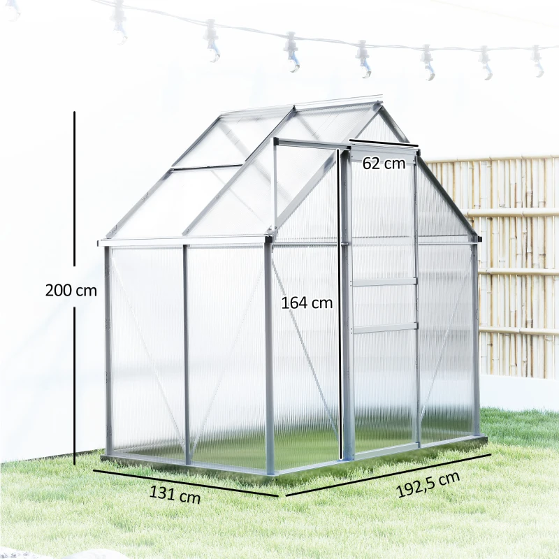 Outsunny Serre de jardin en aluminium polycarbonate avec fondation, serre avec fenêtre réglable porte coulissante 192,5x131x200cm