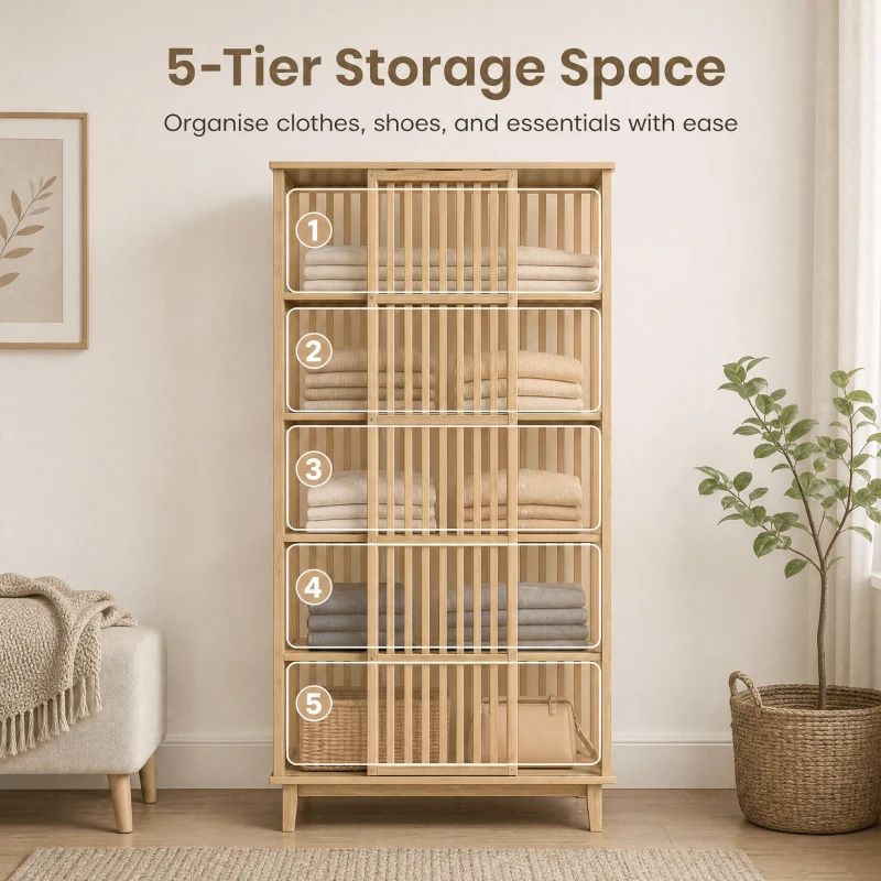 HOMCOM Armoire Chambre Penderie en Bambou 5 Niveaux avec Porte Coulissante, Design Aéré à Lattes, Bois Naturel