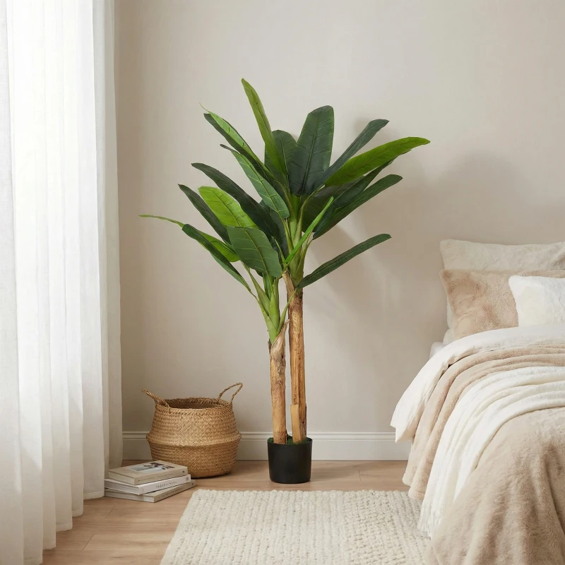 HOMCOM Árbol de Plátano Artificial 150 cm Planta Artificial Decorativa con Maceta y  2 Troncos para Hogar Oficina Salón Verde