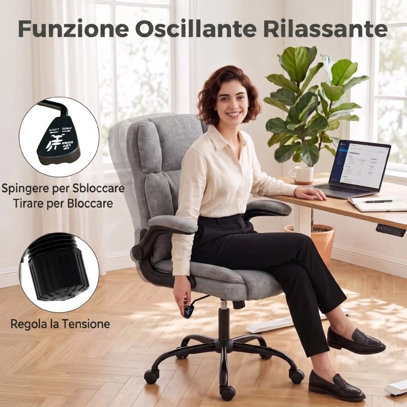 HOMCOM Sedia da Ufficio Girevole in Tessuto con Braccioli Ribaltabili, Altezza Regolabile e Dondolo, Grigio