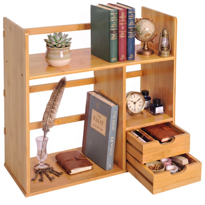 HOMCOM Organizator de Birou cu 2 Sertare și Rafturi pentru Documente, Bambus, 48x19,5x 46 cm, Culoare Lemn