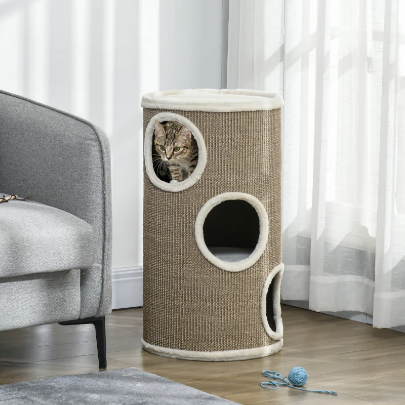 PawHut Tonneau à Gratter pour Chat, Tour à Griffer en Sisal à 3 Niveaux Recouvert de Peluche, Ø 38 x 70 cm, Marron