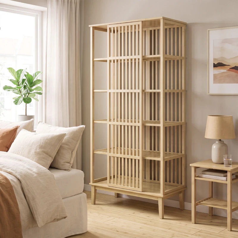 HOMCOM Armoire Chambre Penderie en Bambou 5 Niveaux avec Porte Coulissante, Design Aéré à Lattes, Bois Naturel