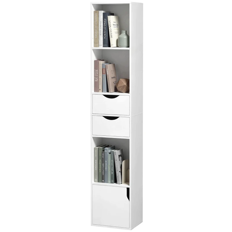 HOMCOM Bibliothèque étagère de rangement avec porte, 2 tiroirs, compartiments ouverts et étagère réglable, 30x24x158cm, blanc
