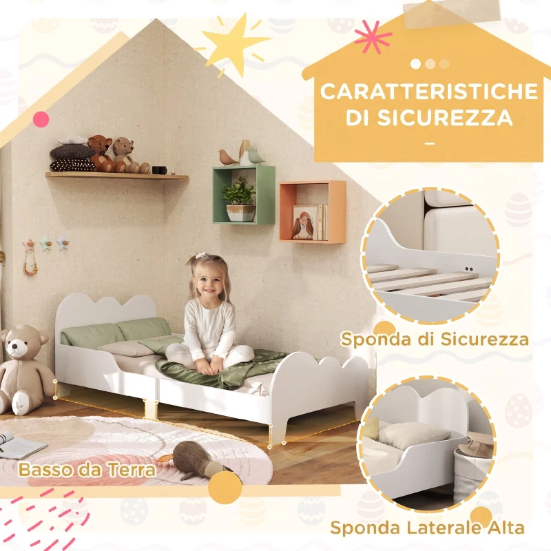 AIYAPLAY Letto Montessori per Bambini 3-8 Anni, 143.5x74.5 cm con Sponde Anti-Caduta, Forma di Nuvola in Legno, Bianco