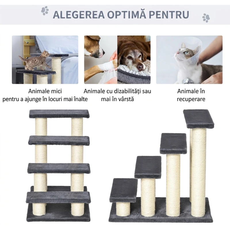 PawHut Scalettă pentru Pisici cu 4 Trepte, Stâlpi de Zgâriat din Sisal și Husă din Pluș, 60x40,5x59 cm, Gri