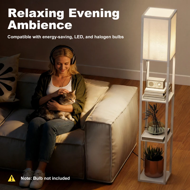 HOMCOM 3-Tier Floor Lamp with Shelves and Storage, Modern Corner Standing Lamp with Lampshade, Foot Switch for Living Room, Bedroom, Home Office, Bulb not Included, White