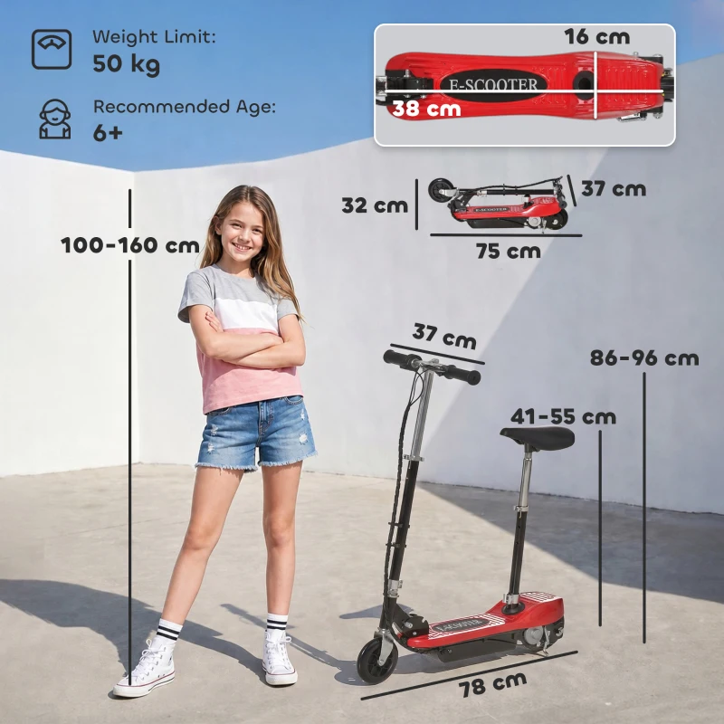 HOMCOM Powered Powered Scooter Ride-On, with Brakes, Adjustable Seat, Adjustable Handlebars, Red