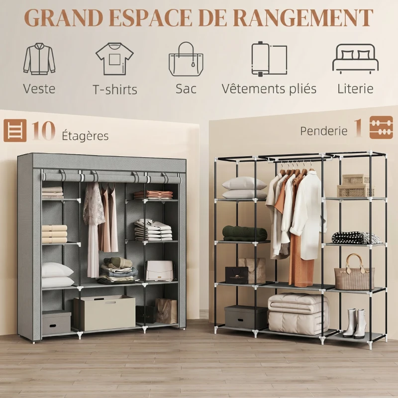 HOMCOM Armoire de rangement penderie en tissu pliable avec barre de suspension et étagères, 150 x 43 x 162,5 cm, gris clair
