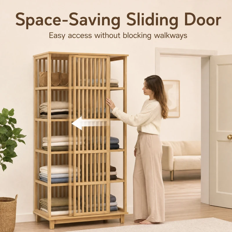 HOMCOM Armoire Chambre Penderie en Bambou 5 Niveaux avec Porte Coulissante, Design Aéré à Lattes, Bois Naturel