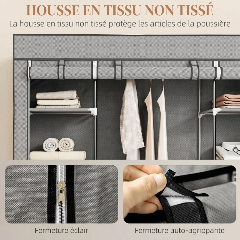 HOMCOM Armoire de rangement penderie en tissu pliable avec barre de suspension et étagères, 150 x 43 x 162,5 cm, gris clair