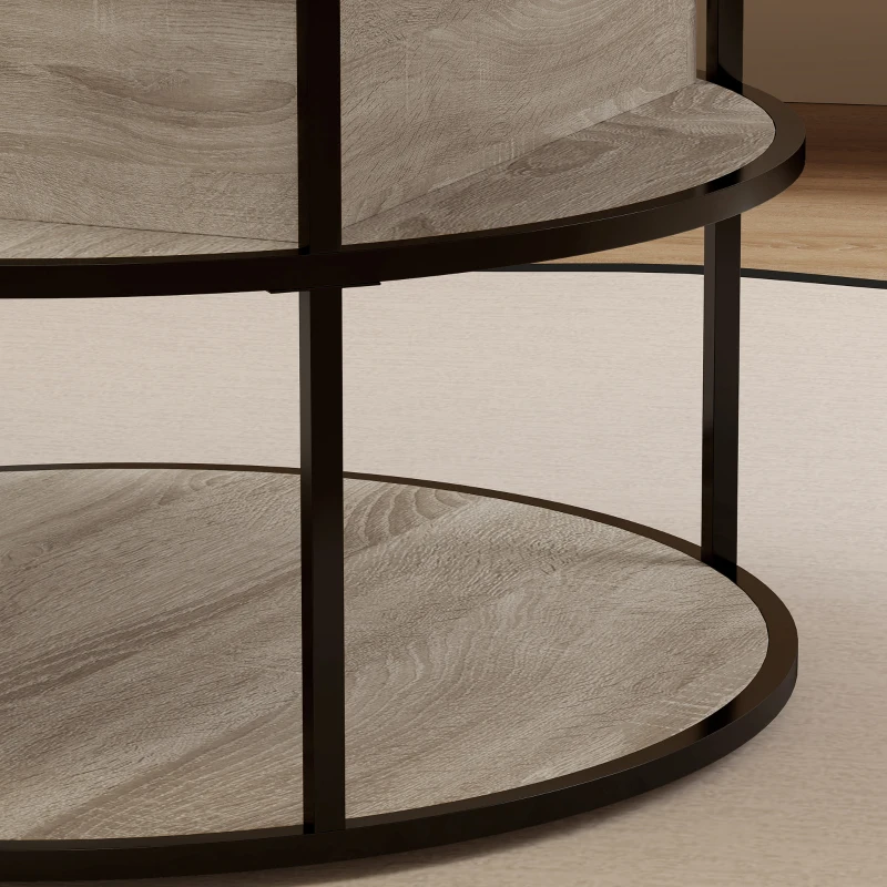 HOMCOM Ronde koffietafel met opklapbaar tafelblad, opbergruimte, zijplanken, stalen frame, salontafel, Eik