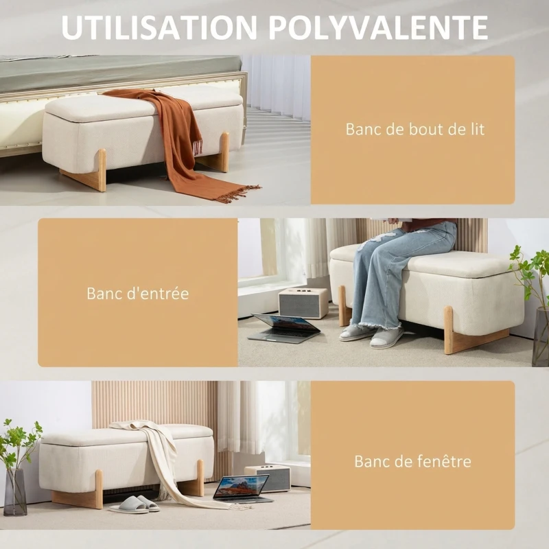 HOMCOM Banc de Rangement, Bout de Lit Rembourré, Charnières de Sécurité, Pieds Forme U en Bois d'Hévéa Stable, Crème(m-7)
