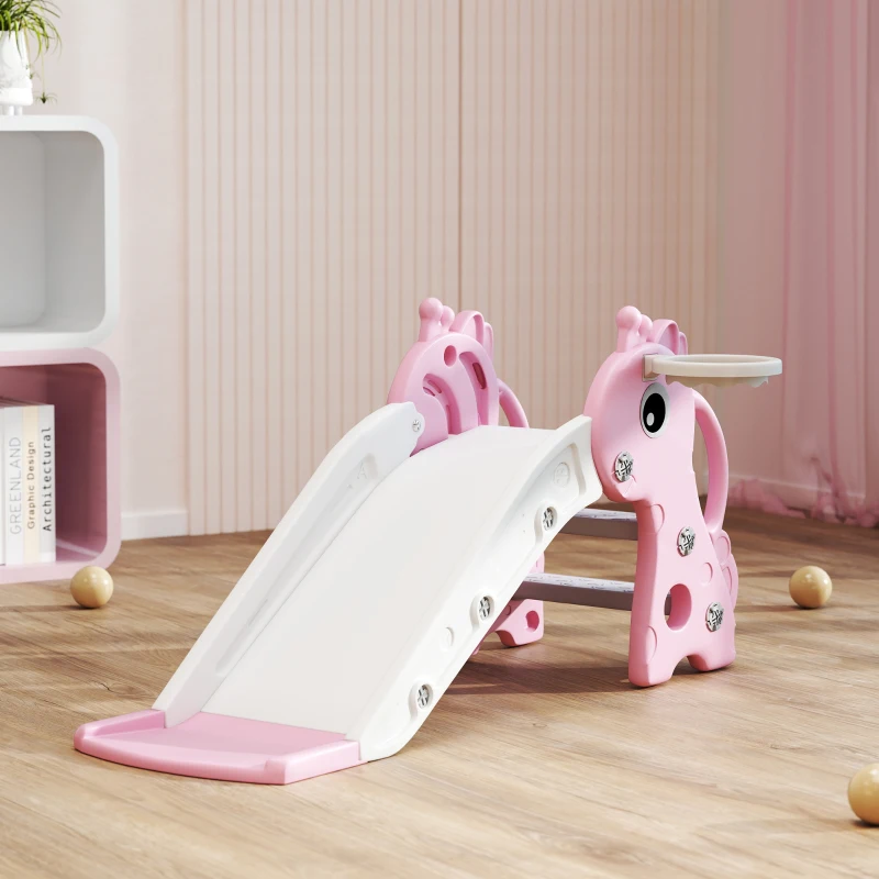 AIYAPLAY Scivolo per Bambini con Scaletta, Canestro da Basket e Pallone, Design Giraffa, per Bambini 1-3 Anni, Rosa