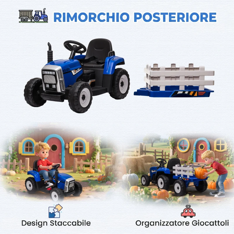 HOMCOM Trattore Elettrico per Bambini con Rimorchio Rimovibile, Telecomando, Porta USB, Musica e Luci, Età 3-6 Anni, Blu