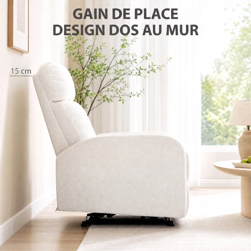 HOMCOM Fauteuil Relax Inclinable, Fauteuil de Relaxation en Peluche Teddy, Assise à Ressorts, Accoudoirs Rembourrés, Crème