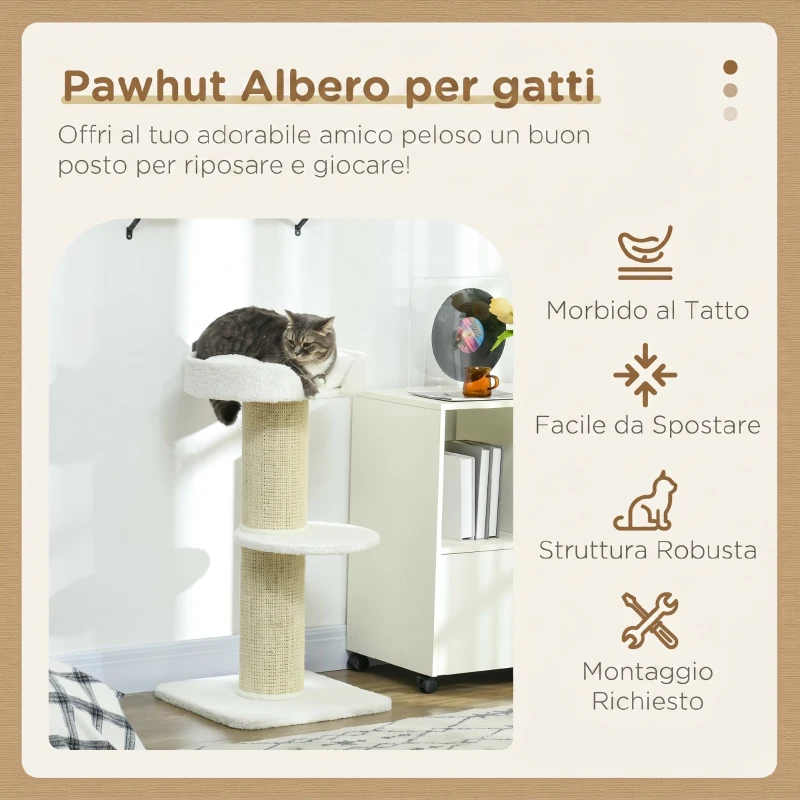 PawHut Tiragraffi per Gatti con Lettino, Rivestimento Peluche e Palo in Sisal, 45x45x91cm, Crema