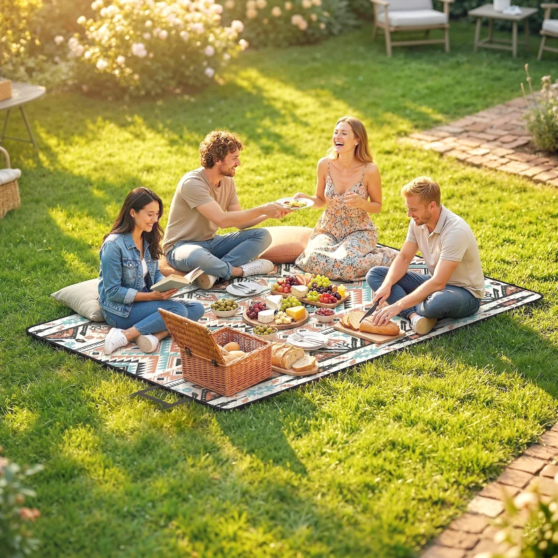 Outsunny Picnic Blanket, 300x200CM Large Beach Blanket Outdoor Picnic Mat with Integrated Strap for Camping, Mix-Colour