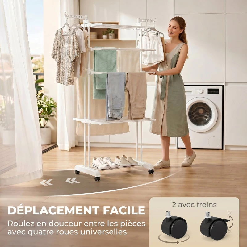 HOMCOM Séchoir à linge pliable 4 niveaux avec roulettes, étendoir linge intérieur avec ailes latérales, cadre en acier, blanc